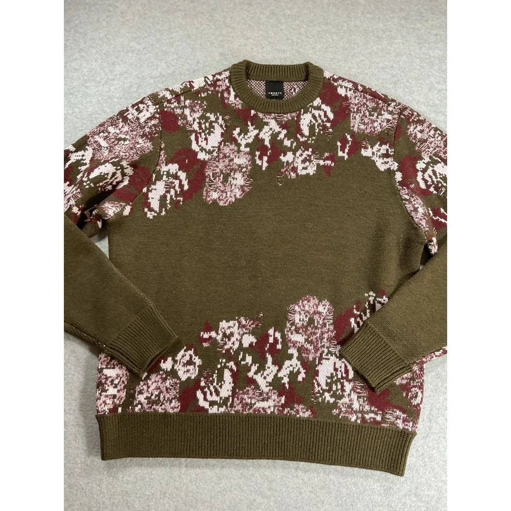 Twenty Montreal Mens Floral Jacquard Wool Blend Sweater Olive Green L 2250